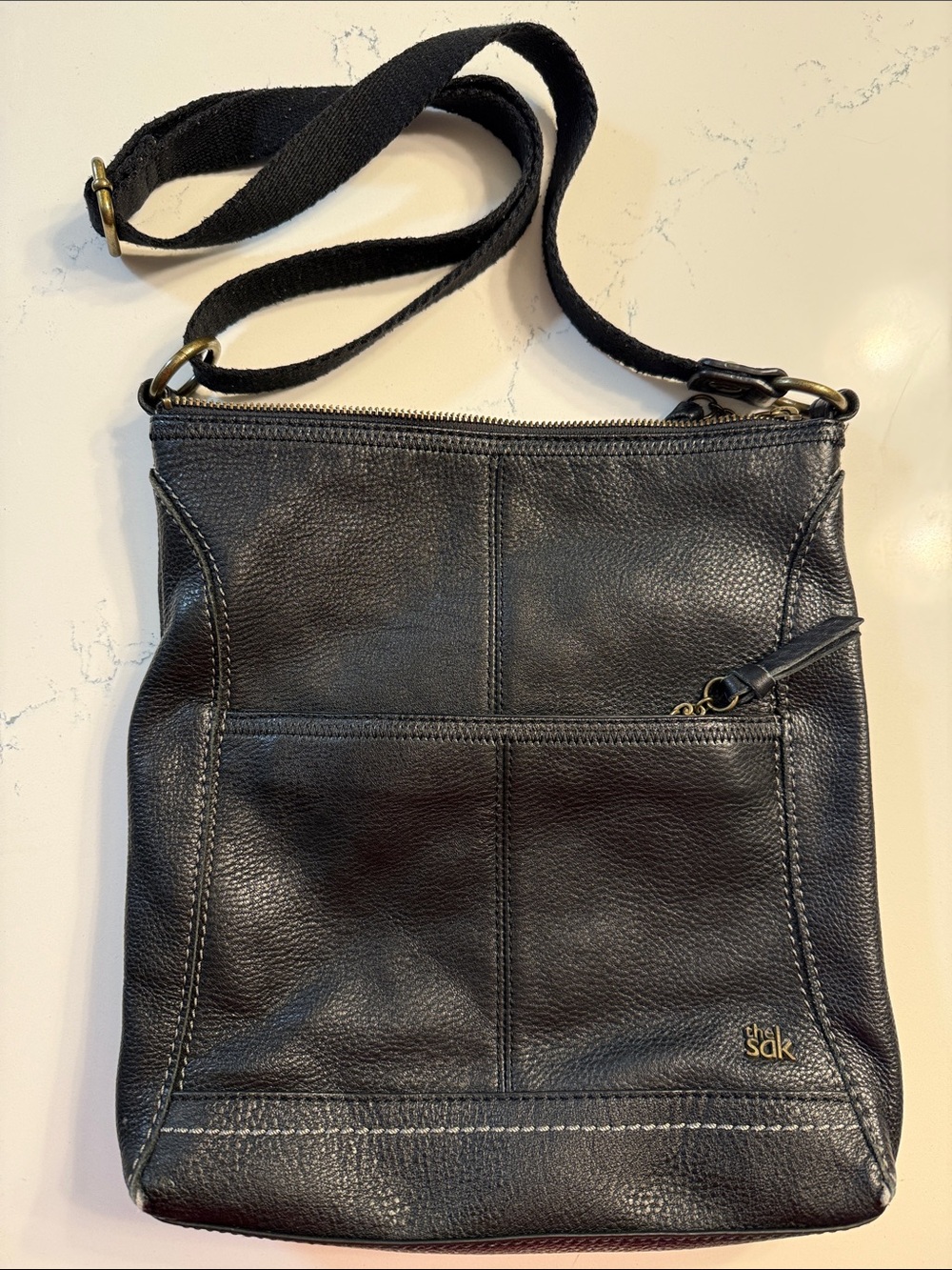 The Sak Black Leather Crossbody with Front Zip Pocket